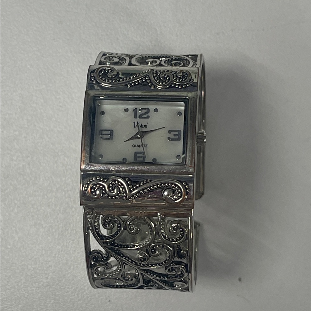 Vivani Silver and Black Filigree Quartz Watch